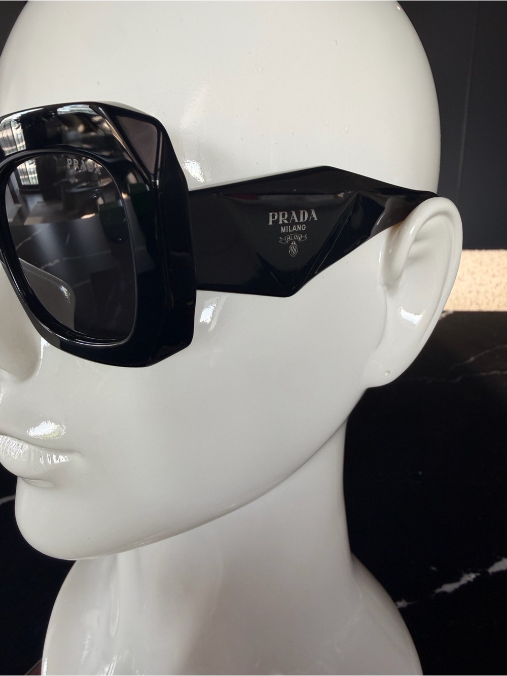 Prada Glossy Black Geometric Oversized Sunglasses - Picture 2 of 9
